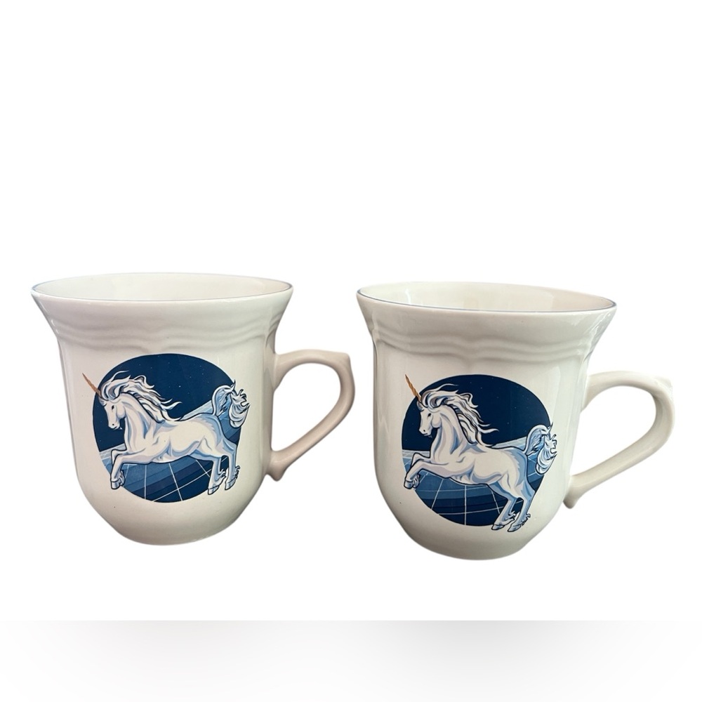Vintage Tienshan Stoneware Unicorn Tea Coffee Cups Set Of 2 Blue Galaxy 80s EUC